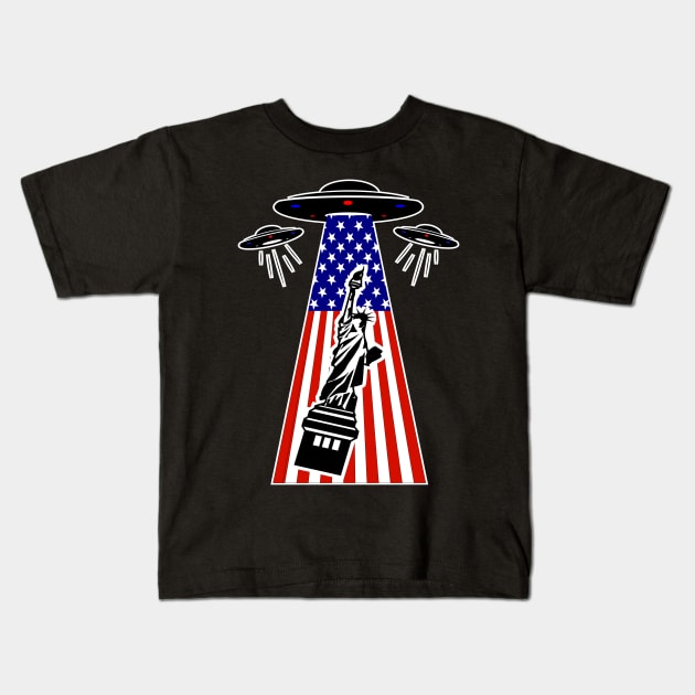 Alien abduction Statue of Liberty, USA Flag Kids T-Shirt by Redmanrooster